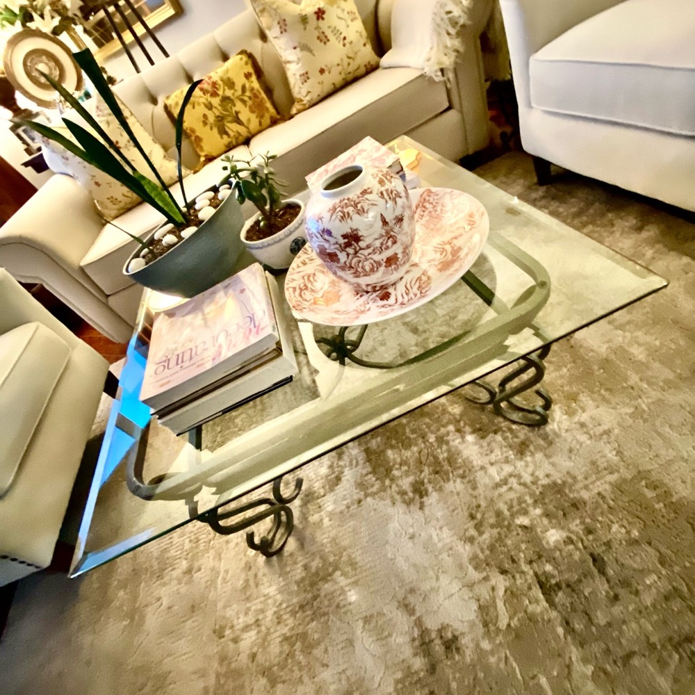 🌸 GONE/ DONATED DONATED Stylish Beveled Glass Coffee Table with Heavy Metal Base